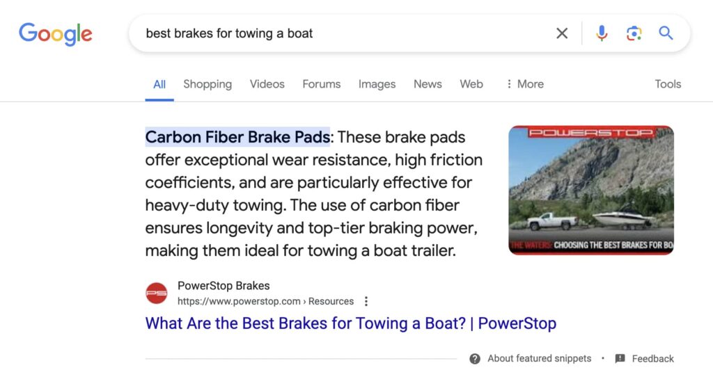 Example of a featured snippet search result for PowerStop content for commerce created by Twelve Three Media