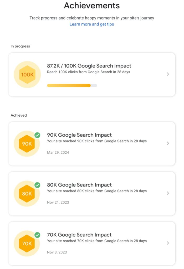 Achievements in Google Search Console showing increasing clicks from search for PowerStop | Twelve Three Media