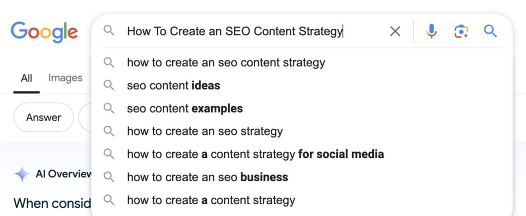 Google autocomplete suggestions for the search query 'How To Create an SEO Content Strategy' | Twelve Three Media