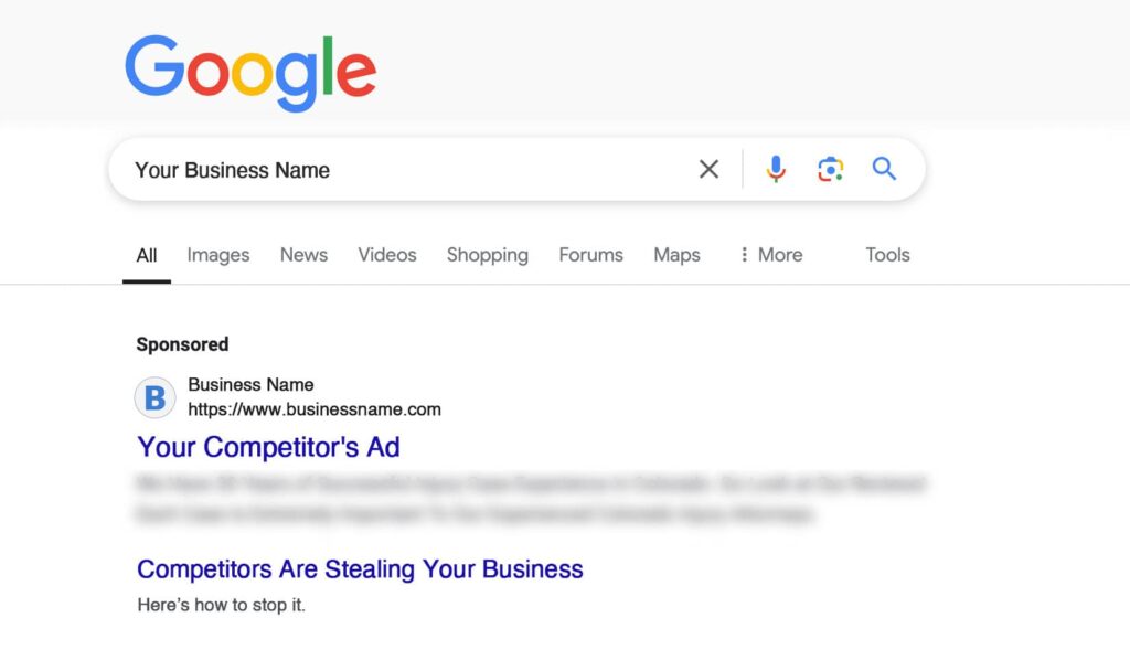 Example of conquesting ad in Google search results | Twelve Three Media